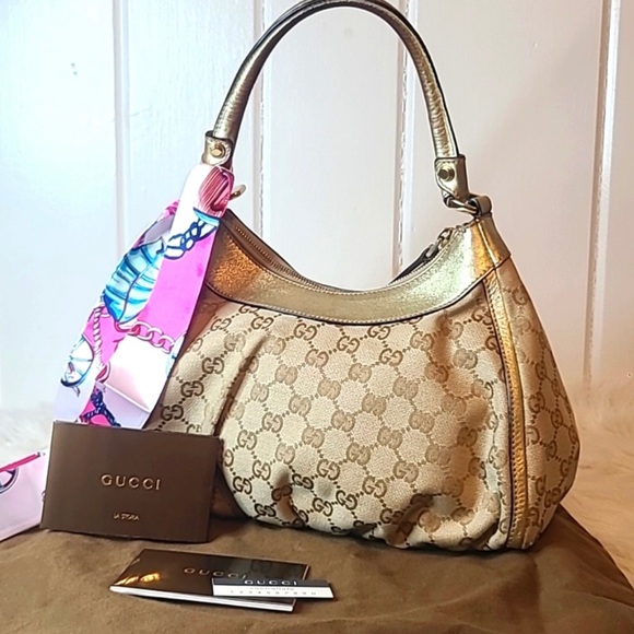 GUCCI CANVAS ABBEY SHOULDER BAG BEIGE/GOLD EARLY 90'S - Picture 2 of 12